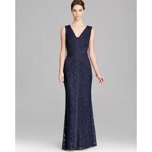 Tadashi Shoji Long Sleeveless Structured V Neck Navy Lace Dress Size 4